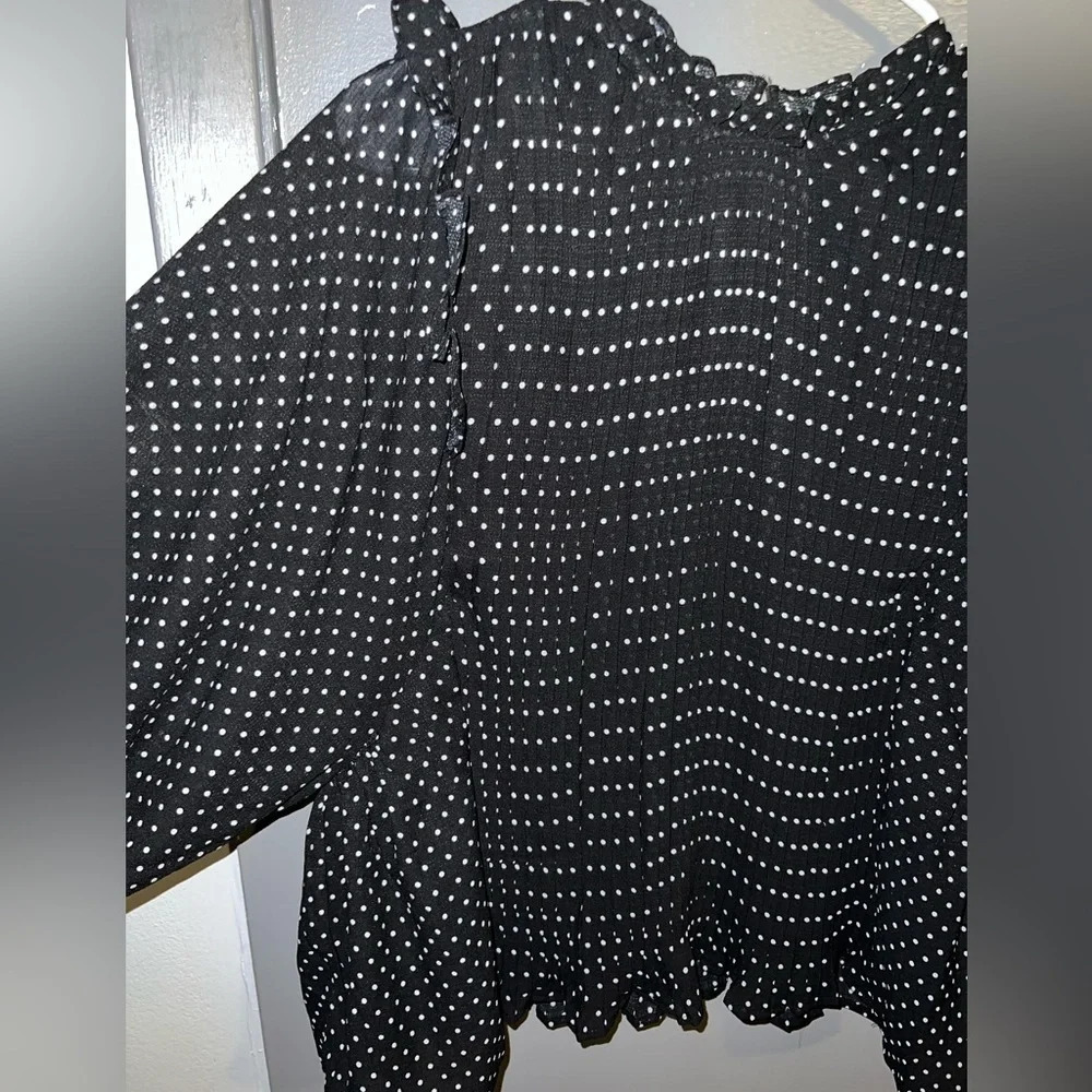 MUSTARD seed size medium black with white dots pleated shirt with ruffles. - Picture 3 of 6